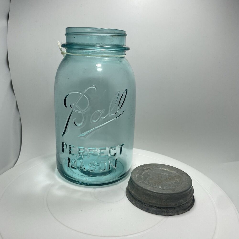 Vtg Ball Perfect Mason Green Glass Jar w Zinc Lid Wide Mouth Quart #1